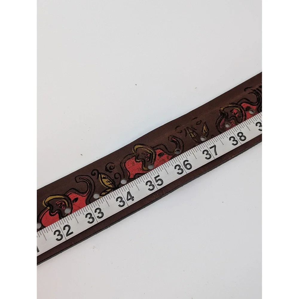 VTG Elephant Hand Painted Leather Wide Belt Unisex OS Brown Boho Western Artisan